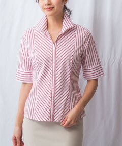 セール】 ミックスカラーストライプスタンドカラー半袖シャツ