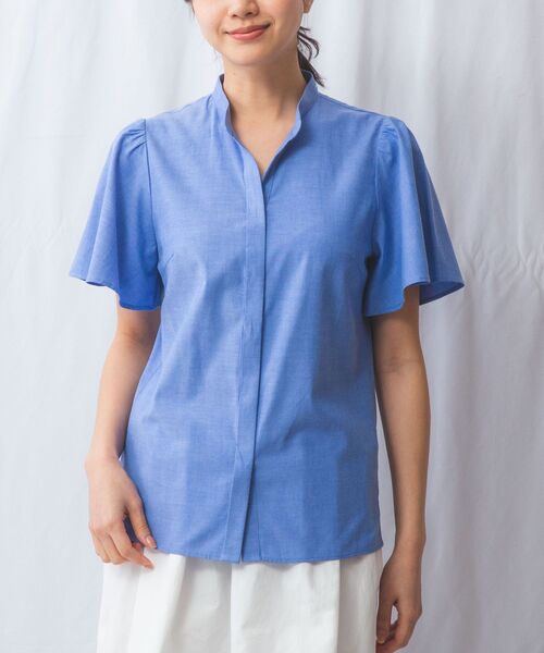 NARACAMICIE/ナラカミーチェ 【NARACAMICIE】オックスフォードスタンドバンドカラー半袖ブラウス ブルー 1(M)9号