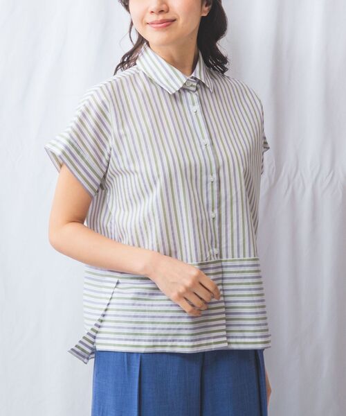 NARACAMICIE/ナラカミーチェ 【NARACAMICIE】ストライプボーダー切り替え半袖シャツ グリーン 3(2L)13号 NARACAMICIE/ナラカミーチェ 【NARACAMICIE】ストライプボーダー切り替え半袖シャツ グリーン 3(2L)13号