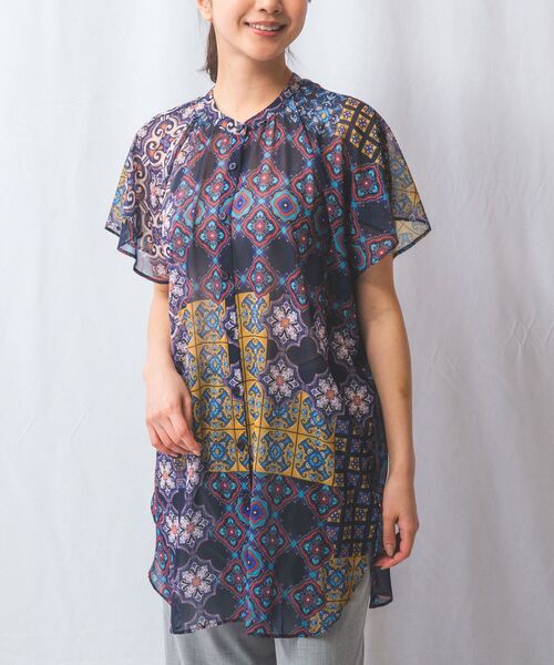 NARACAMICIE/ナラカミーチェ 【NARACAMICIE】タイル柄シフォンテントライン半袖ブラウス ネイビー 3(2L)13号 NARACAMICIE/ナラカミーチェ 【NARACAMICIE】タイル柄シフォンテントライン半袖ブラウス ネイビー 3(2L)13号