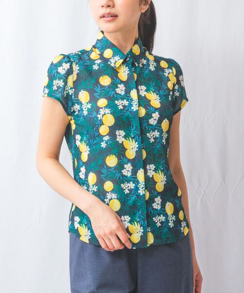 NARACAMICIE/ナラカミーチェ 【NARACAMICIE】フルーツ柄シフォン半袖シャツ ネイビー 3(2L)13号 NARACAMICIE/ナラカミーチェ 【NARACAMICIE】フルーツ柄シフォン半袖シャツ ネイビー 3(2L)13号