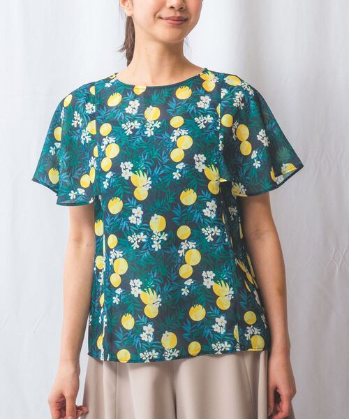 NARACAMICIE/ナラカミーチェ 【NARACAMICIE】フルーツ柄シフォン半袖プルオーバー ネイビー 1(M)9号 NARACAMICIE/ナラカミーチェ 【NARACAMICIE】フルーツ柄シフォン半袖プルオーバー ネイビー 1(M)9号