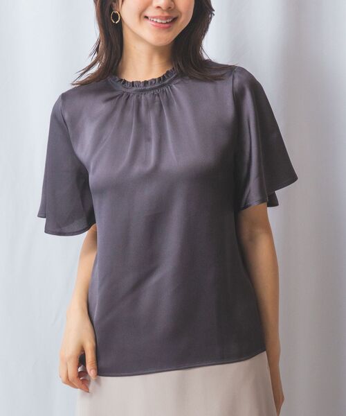 NARACAMICIE/ナラカミーチェ 【NARACAMICIE】シボサテン衿フリルギャザー半袖ブラウス グレー 1(M)9号