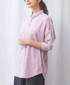 NARACAMICIE / ナラカミーチェ シャツ・ブラウス | 【NARACAMICIE】ストレッチストライプ肩レース七分袖シャツ