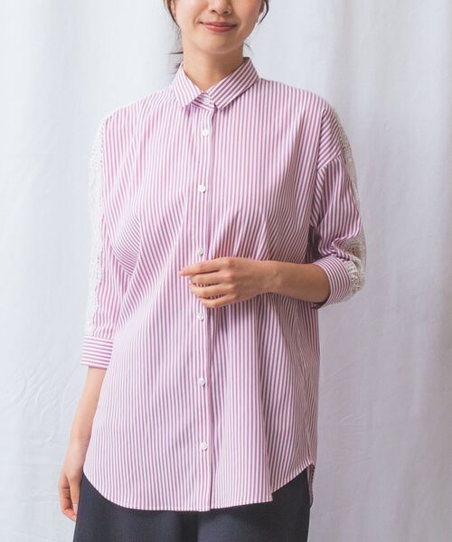 NARACAMICIE / ナラカミーチェ シャツ・ブラウス | 【NARACAMICIE】ストレッチストライプ肩レース七分袖シャツ | 詳細1