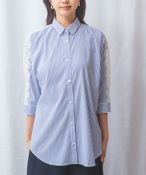 NARACAMICIE / ナラカミーチェ シャツ・ブラウス | 【NARACAMICIE】ストレッチストライプ肩レース七分袖シャツ | 詳細14