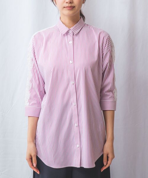 NARACAMICIE / ナラカミーチェ シャツ・ブラウス | 【NARACAMICIE】ストレッチストライプ肩レース七分袖シャツ | 詳細2