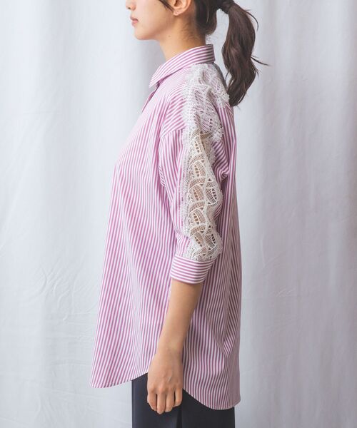 NARACAMICIE / ナラカミーチェ シャツ・ブラウス | 【NARACAMICIE】ストレッチストライプ肩レース七分袖シャツ | 詳細3