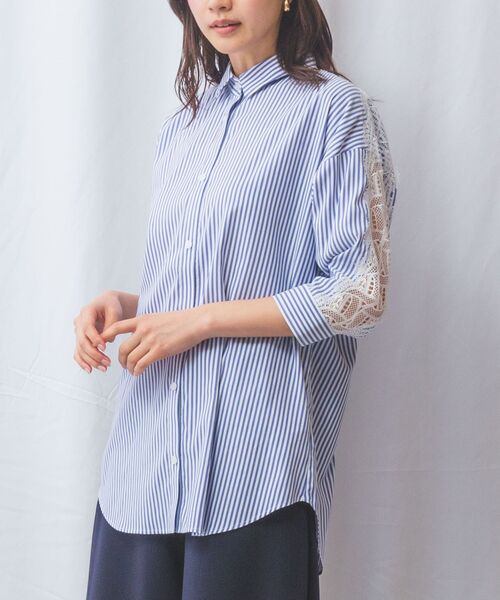 NARACAMICIE / ナラカミーチェ シャツ・ブラウス | 【NARACAMICIE】ストレッチストライプ肩レース七分袖シャツ(ブルー)
