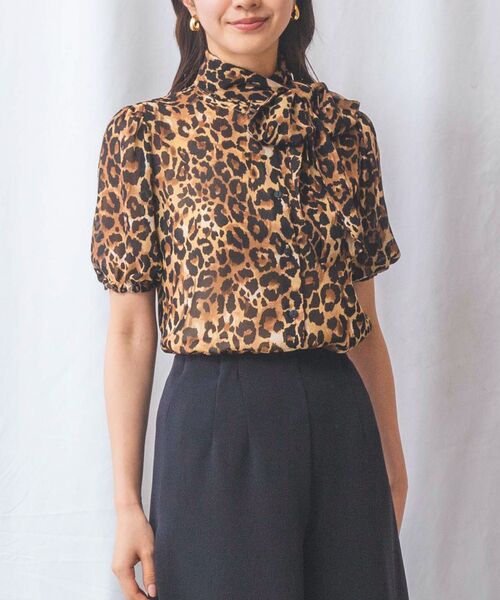 NARACAMICIE / ナラカミーチェ シャツ・ブラウス | 【NARACAMICIE】ヒョウ柄ボウタイ半袖ブラウス(ブラウン)