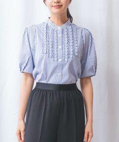 NARACAMICIE / ナラカミーチェ シャツ・ブラウス | 【NARACAMICIE】ストレッチストライプフロントデザインタック半袖ブラウス