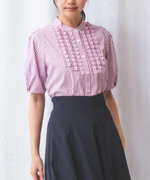 NARACAMICIE / ナラカミーチェ シャツ・ブラウス | 【NARACAMICIE】ストレッチストライプフロントデザインタック半袖ブラウス | 詳細1