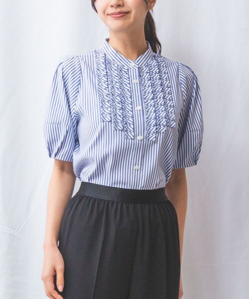 NARACAMICIE / ナラカミーチェ シャツ・ブラウス | 【NARACAMICIE】ストレッチストライプフロントデザインタック半袖ブラウス | 詳細13