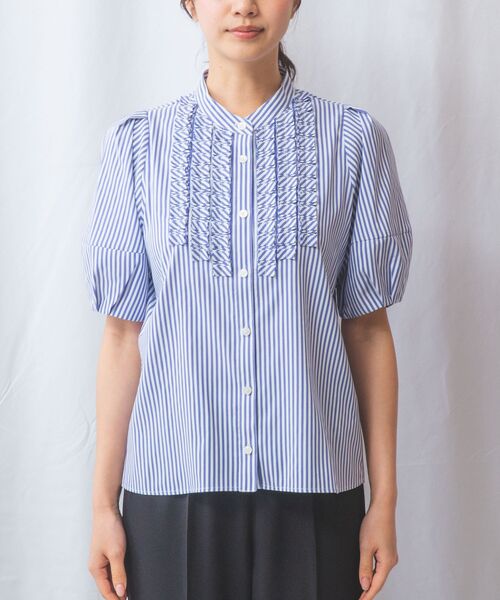 NARACAMICIE / ナラカミーチェ シャツ・ブラウス | 【NARACAMICIE】ストレッチストライプフロントデザインタック半袖ブラウス | 詳細14