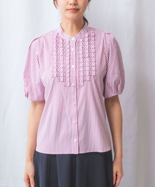 NARACAMICIE / ナラカミーチェ シャツ・ブラウス | 【NARACAMICIE】ストレッチストライプフロントデザインタック半袖ブラウス | 詳細2
