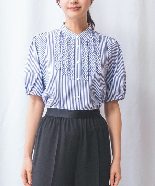 NARACAMICIE / ナラカミーチェ シャツ・ブラウス | 【NARACAMICIE】ストレッチストライプフロントデザインタック半袖ブラウス(ブルー)