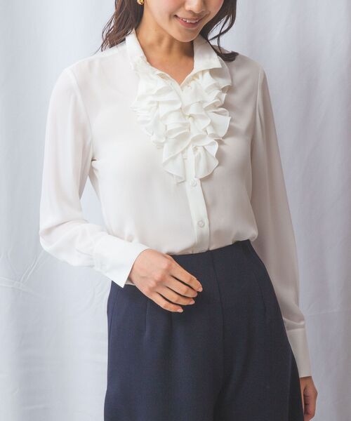NARACAMICIE / ナラカミーチェ シャツ・ブラウス | 【NARACAMICIE】無地ジョーゼットフリル長袖ブラウスホワイト | 詳細1