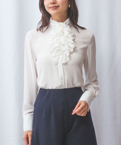 NARACAMICIE / ナラカミーチェ シャツ・ブラウス | 【NARACAMICIE】無地ジョーゼットフリル長袖ブラウスホワイト(ホワイト)
