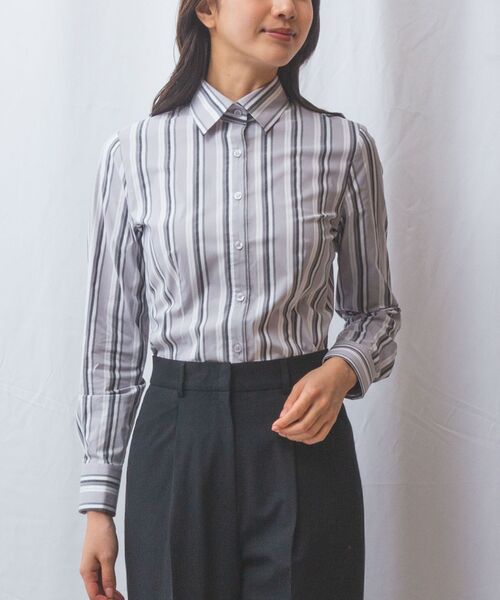 NARACAMICIE/ナラカミーチェ 【NARACAMICIE】ストレッチランダムストライプ長袖シャツ グレー 5(4L)17号 NARACAMICIE/ナラカミーチェ 【NARACAMICIE】ストレッチランダムストライプ長袖シャツ グレー 5(4L)17号