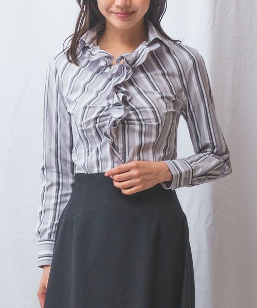 NARACAMICIE / ナラカミーチェ シャツ・ブラウス | 【NARACAMICIE】ストレッチランダムストライプスタンドフリル長袖ブラウス | 詳細1
