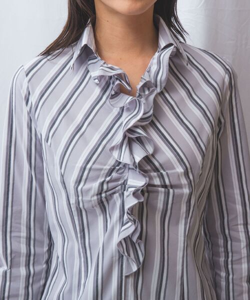 NARACAMICIE / ナラカミーチェ シャツ・ブラウス | 【NARACAMICIE】ストレッチランダムストライプスタンドフリル長袖ブラウス | 詳細7