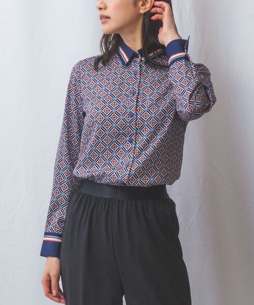 NARACAMICIE / ナラカミーチェ シャツ・ブラウス | 【NARACAMICIE】幾何柄サテン長袖シャツ(ネイビー)