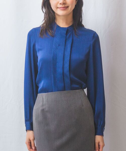 NARACAMICIE / ナラカミーチェ シャツ・ブラウス | 【NARACAMICIE】サテンストライプフロントタック長袖ブラウス(ネイビー)