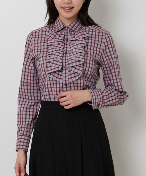 NARACAMICIE / ナラカミーチェ シャツ・ブラウス | 【NARACAMICIE】チェックフリル長袖シャツ(グレー)