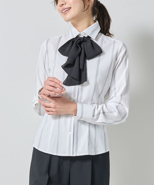 NARACAMICIE / ナラカミーチェ シャツ・ブラウス | 【NARACAMICIE】ストレッチストライプリボン付き長袖シャツ | 詳細1