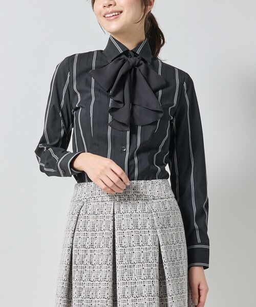 NARACAMICIE / ナラカミーチェ シャツ・ブラウス | 【NARACAMICIE】ストレッチストライプリボン付き長袖シャツ(ブラック)