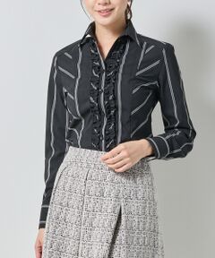 NARACAMICIE / ナラカミーチェ シャツ・ブラウス | 【NARACAMICIE】ストレッチストライプ襟付きフリル長袖シャツ