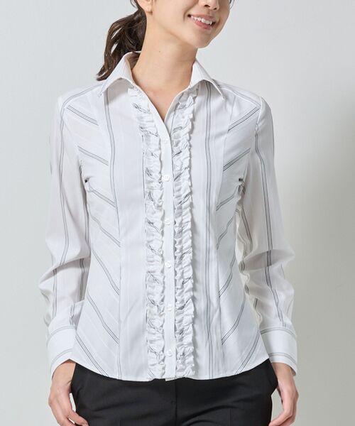 NARACAMICIE / ナラカミーチェ シャツ・ブラウス | 【NARACAMICIE】ストレッチストライプ襟付きフリル長袖シャツ(ホワイト)