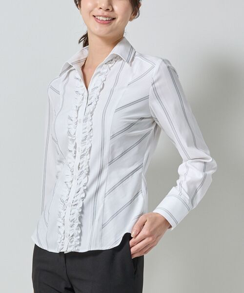 NARACAMICIE / ナラカミーチェ シャツ・ブラウス | 【NARACAMICIE】ストレッチストライプ襟付きフリル長袖シャツ | 詳細1