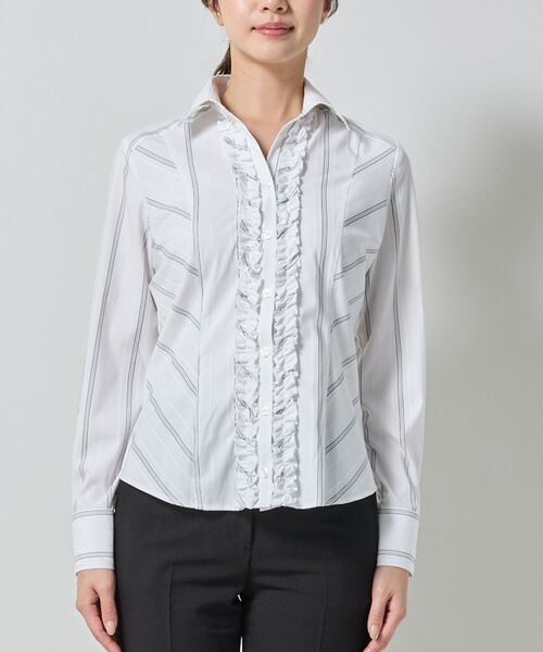 NARACAMICIE / ナラカミーチェ シャツ・ブラウス | 【NARACAMICIE】ストレッチストライプ襟付きフリル長袖シャツ | 詳細3