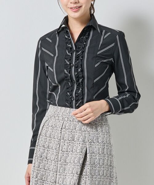 NARACAMICIE / ナラカミーチェ シャツ・ブラウス | 【NARACAMICIE】ストレッチストライプ襟付きフリル長袖シャツ(ブラック)