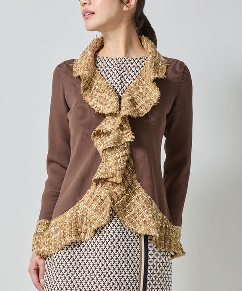 NARACAMICIE / ナラカミーチェ ニット・セーター | 【NARACAMICIE】ラメツィードドッキングフリルカーディガン(ブラウン)