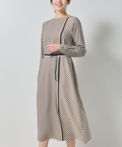 NARACAMICIE / ナラカミーチェ ロング・マキシ丈ワンピース | 【NARACAMICIE】共ベルト付パッチワーク幾何ワンピース(ベージュ)