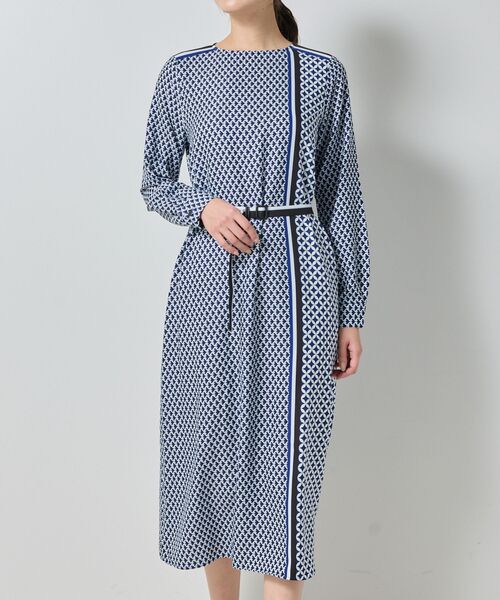 NARACAMICIE / ナラカミーチェ ロング・マキシ丈ワンピース | 【NARACAMICIE】共ベルト付パッチワーク幾何ワンピース(ブルー)