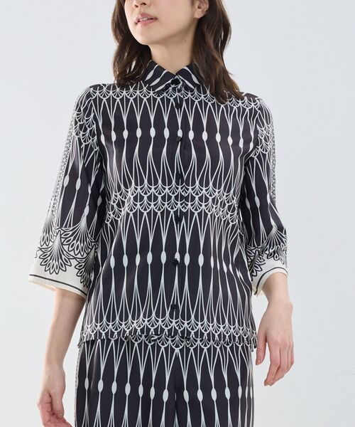 NARACAMICIE / ナラカミーチェ シャツ・ブラウス | 【NARACAMICIE】ライン幾何柄シャツ衿七分袖ブラウス（ブラック）