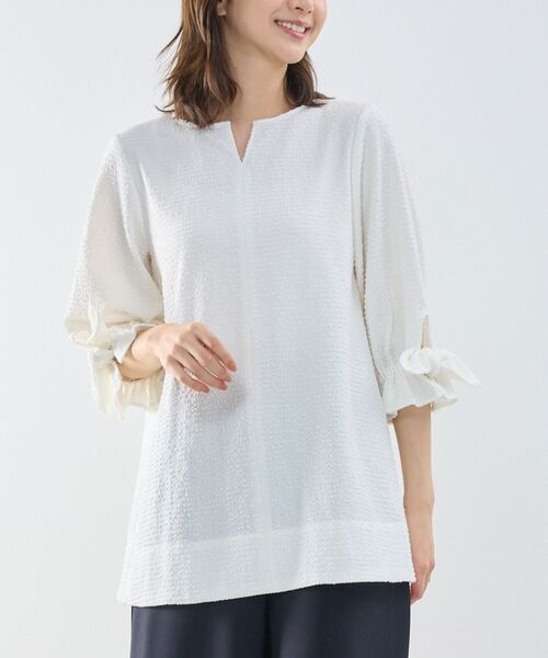 NARACAMICIE / ナラカミーチェ シャツ・ブラウス | 【NARACAMICIE】シュリンクジャガード七分袖プルオーバー（ホワイト）