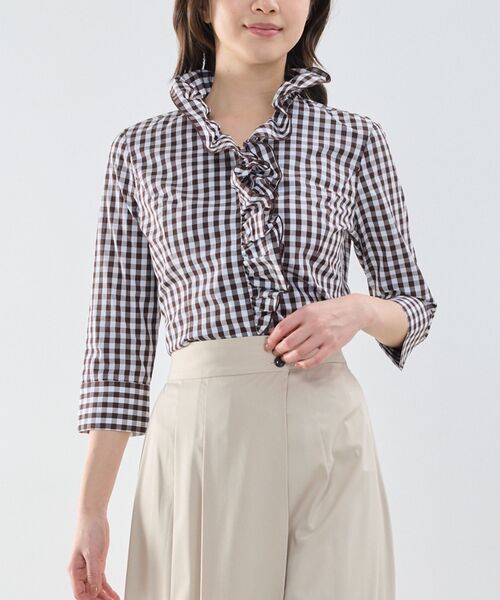 NARACAMICIE / ナラカミーチェ シャツ・ブラウス | 【NARACAMICIE】ギンガムチェックスタンドフリル七分袖シャツ（ブラウン）