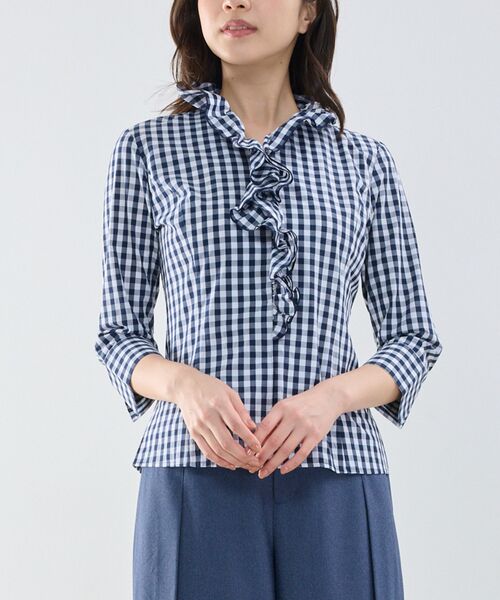 NARACAMICIE / ナラカミーチェ シャツ・ブラウス | 【NARACAMICIE】ギンガムチェックスタンドフリル七分袖シャツ（ネイビー）
