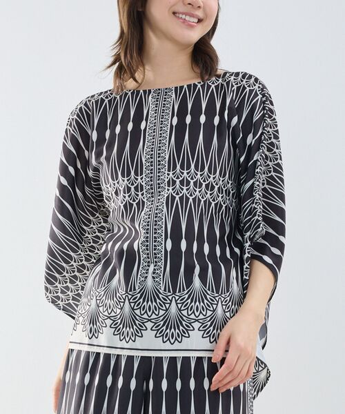 NARACAMICIE / ナラカミーチェ シャツ・ブラウス | 【NARACAMICIE】ライン幾何柄半袖スクエアブラウス（ブラック）