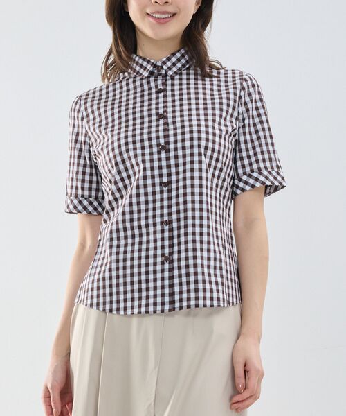 NARACAMICIE / ナラカミーチェ シャツ・ブラウス | 【NARACAMICIE】ギンガムチェック半袖シャツ（ブラウン）