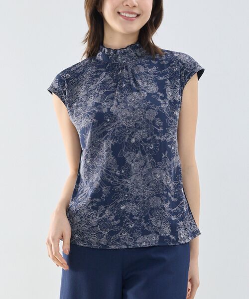 NARACAMICIE / ナラカミーチェ カットソー | 【NARACAMICIE】ラインフラワープリントコンビハイネックトップス（ネイビー）