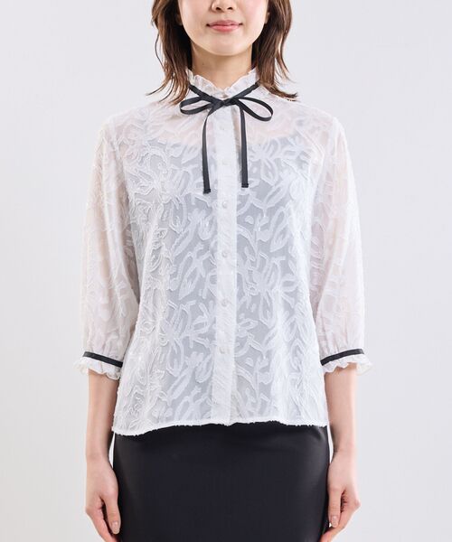 NARACAMICIE / ナラカミーチェ シャツ・ブラウス | 【NARACAMICIE】カットジャガードリボン付き七分袖ブラウス | 詳細4