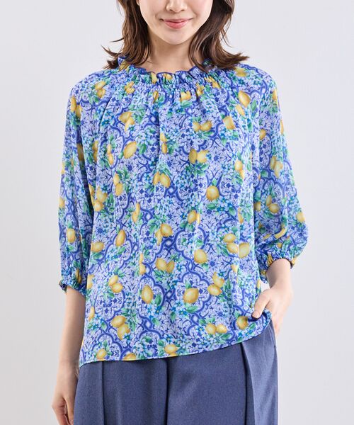 NARACAMICIE / ナラカミーチェ シャツ・ブラウス | 【NARACAMICIE】レモン柄七分袖プルオーバー（ブルー）