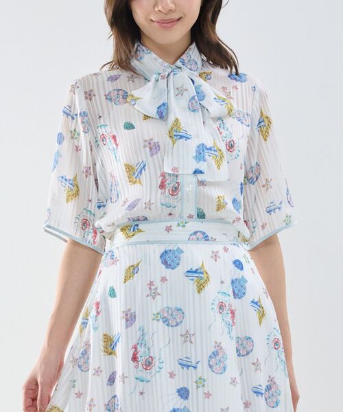 NARACAMICIE / ナラカミーチェ シャツ・ブラウス | 【NARACAMICIE】GENIUS SEA柄ボウタイ付き配色半袖ブラウス（ホワイト）