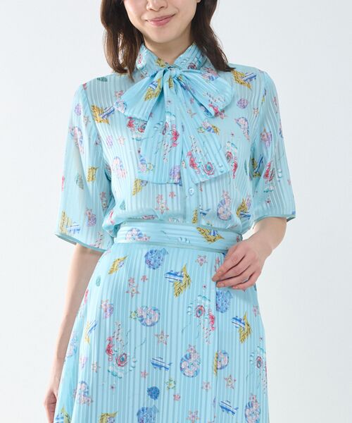 NARACAMICIE / ナラカミーチェ シャツ・ブラウス | 【NARACAMICIE】GENIUS SEA柄ボウタイ付き配色半袖ブラウス（グリーン）