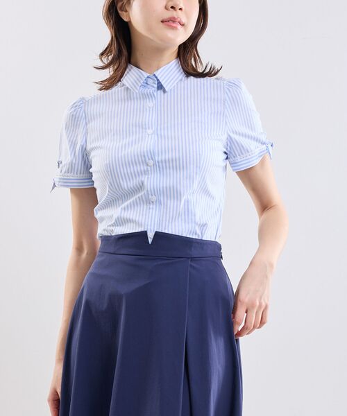 NARACAMICIE / ナラカミーチェ シャツ・ブラウス | 【NARACAMICIE】ラメストライプ半袖シャツ（ブルー）